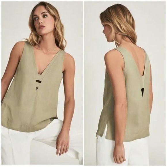 Reiss Tops - Reiss Emi Linen Blend V-Neck Sleeveless Blouse in Olive Green | Size 12